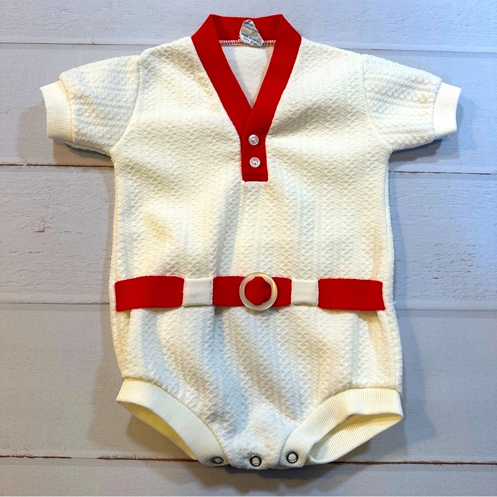 VTG Babycrest Infant Large Baby Baseball Onesie Outfit 60s Ivory Off-White